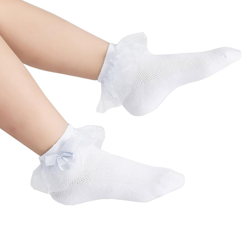 Looching Baby Toddlers Girls White Cotton Princess Ruffles Lace Frilly Dress Ankle Socks with Bowknot 1-8T Pack of 6(White, 4-6T) - Image 3